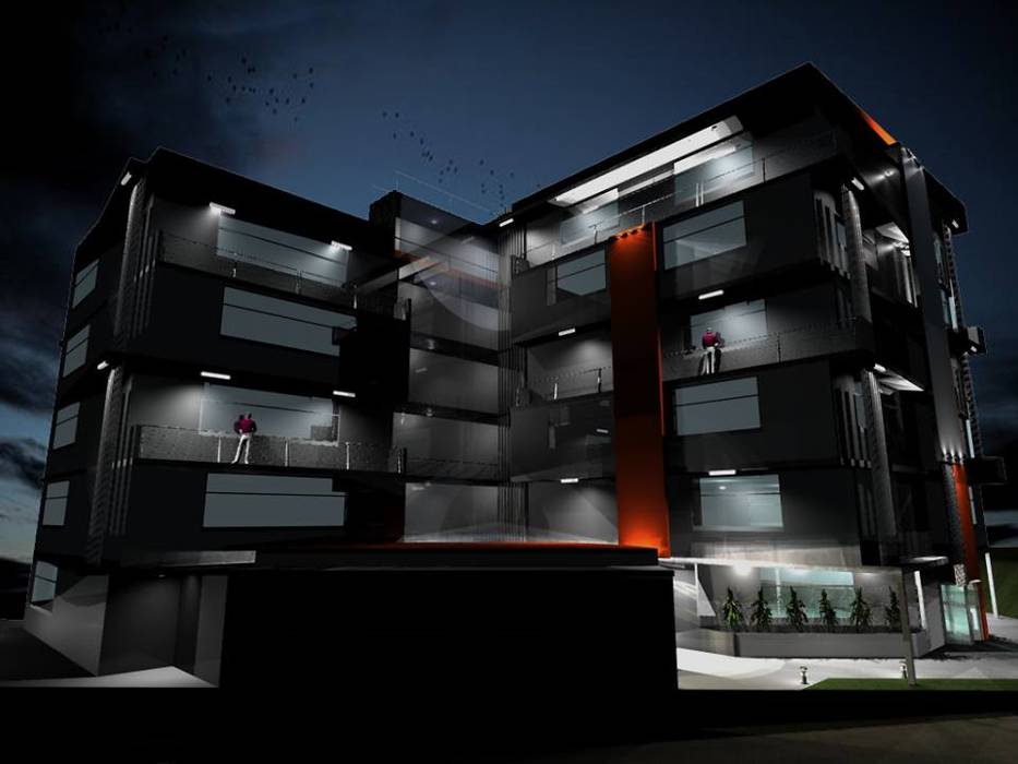 Propuesta de Diseño y modelado 3D diurno y nocturno edificio residencial. pb Arquitecto Casas modernas