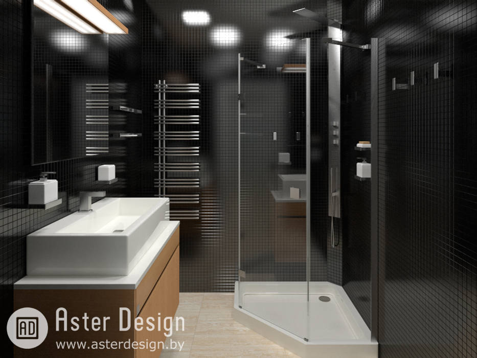 Авторский интерьер ASTER DECO Ванная комната в стиле минимализм современная ванна,черная плитка,душевая кабина