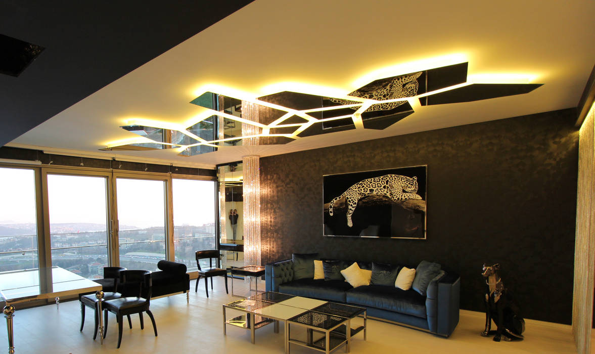 Private residence in İstanbul, Orkun Indere Interiors Orkun Indere Interiors ห้องนั่งเล่น luxury,nature,ceiling,mirrored ceiling,blue,black