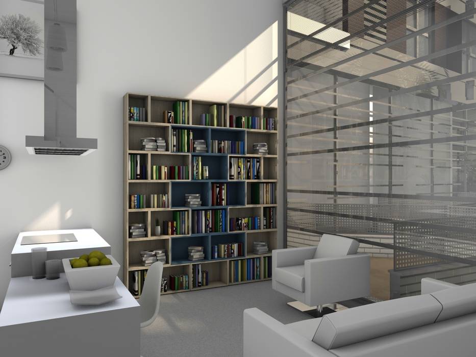 Librería de corte recto para estudios y espacios anexos TIMBER-BOX Estudios y despachos de estilo moderno
