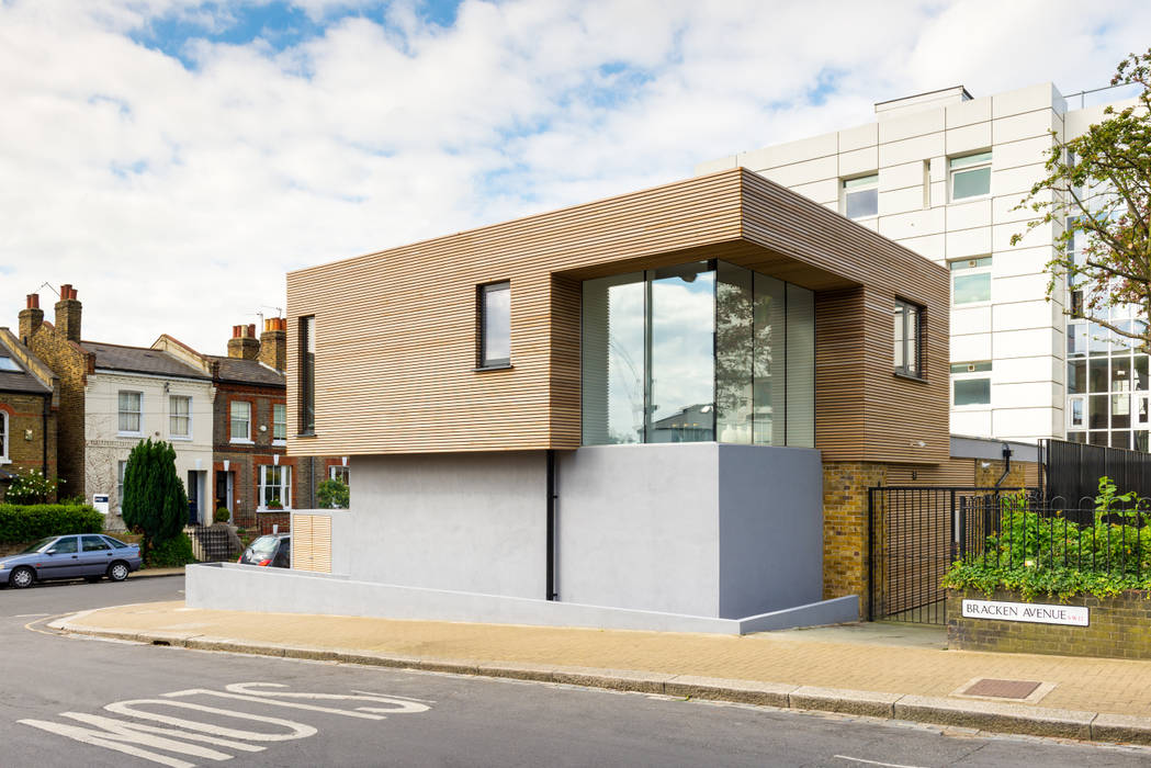Side elevation with cCorner staircase glazed lantern. The Chase Architecture Modern houses