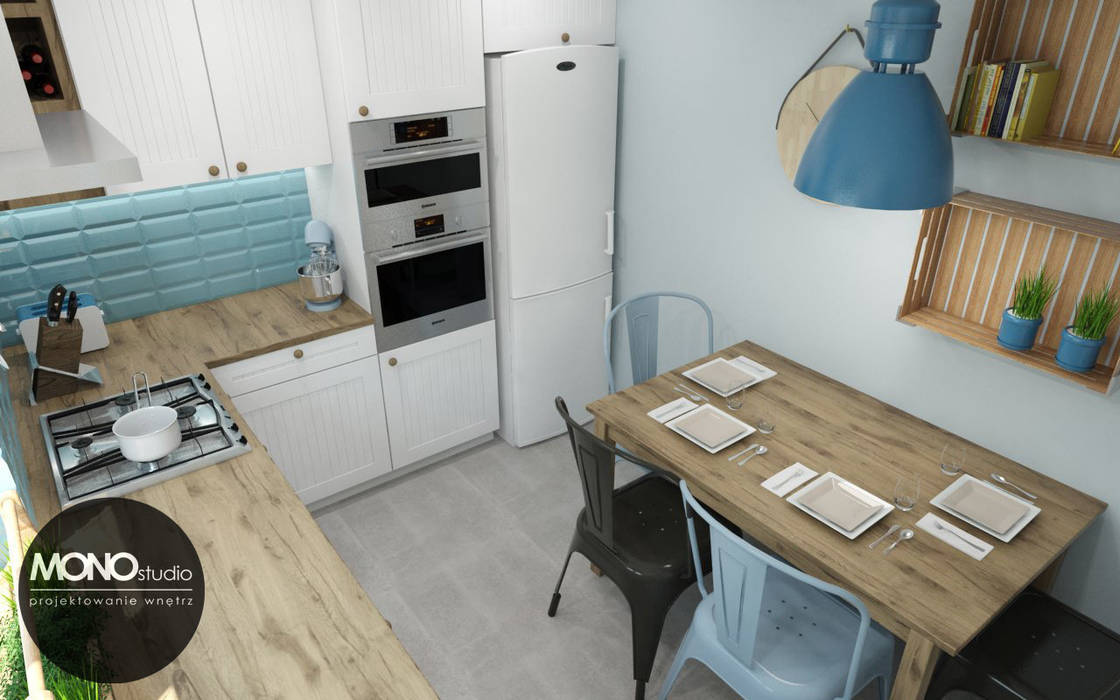 ​Mała funkcjonalna kuchnia w kontrastowej ale delikatnej kolorystyce , MONOstudio MONOstudio Scandinavian style kitchen