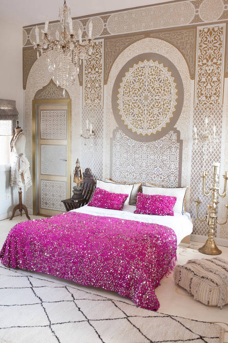 Moroccan Sequined Wedding Blanket Hot Pink M.Montague Souk Mediterranean style bedroom Textiles