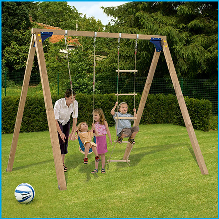 Wooden swing frame with belt seat and rope ladder Active Garden Ltd Klasik Bahçe