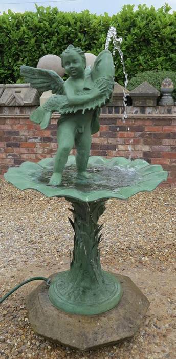 Vintage Bronze Fountain with Cherub and Fish on Stone Base UKAA | UK Architectural Antiques Taman Klasik Swim baths & ponds