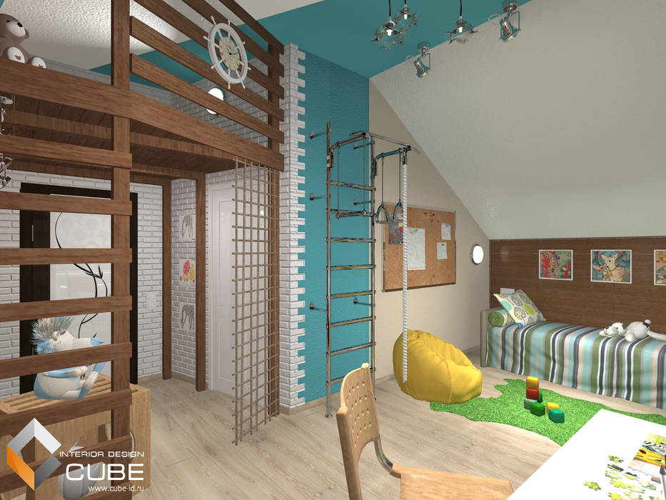Дизайн детской комнаты для мальчика в мансардном этаже частного дома, Лаборатория дизайна "КУБ" Лаборатория дизайна 'КУБ' Детская комнатa в тропическом стиле