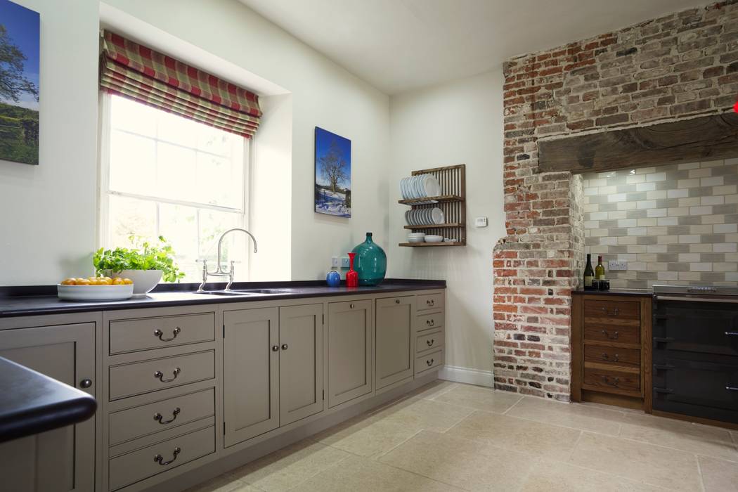 The Great Lodge | Large Grey Painted Kitchen with Exposed Brickwork Humphrey Munson Country style kitchen