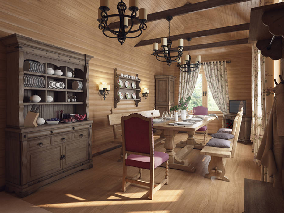 Охотничий домик, студия дизайна mnDesire студия дизайна mnDesire Столовая комната в стиле кантри Изделия из древесины Прозрачный