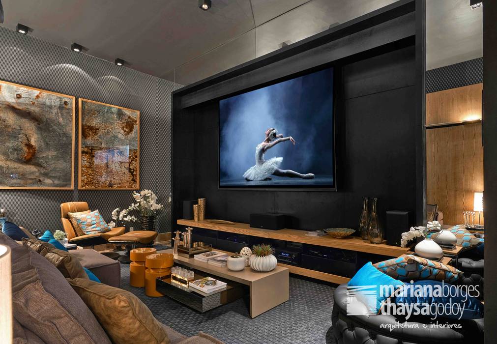 Home Theater do Jovem Casal - Decora Lider BH 2014, Mariana Borges e Thaysa Godoy Mariana Borges e Thaysa Godoy Modern Media Room