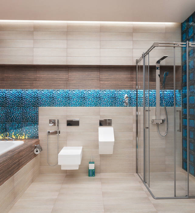 Ванная комната в загородном доме с биокамином, Настасья Евглевская Настасья Евглевская Ванная комната в стиле модерн Керамика
