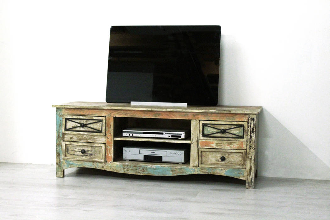 Lowboard - Shabby Chic mit viel Charakter aus massivem Mangoholz AMD Möbel Handelsgesellschaft mbH & Co. KG Ausgefallene Wohnzimmer Massivholz Mehrfarbig TV- und Mediamöbel