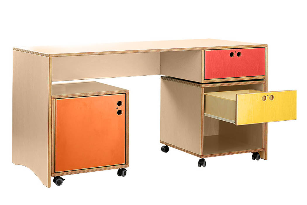 Schreibtisch Mit Zwei Rollcontainern Birke Transparent Rot Gelb