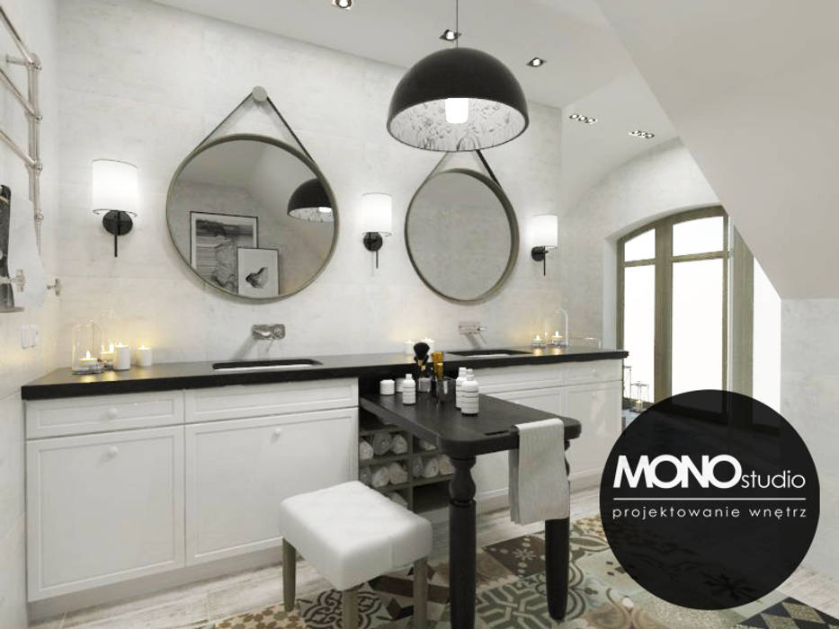 Klasyczna elegancja w stonowanej kolorystyce MONOstudio Nowoczesna łazienka Kompozyt drewna i tworzywa sztucznego