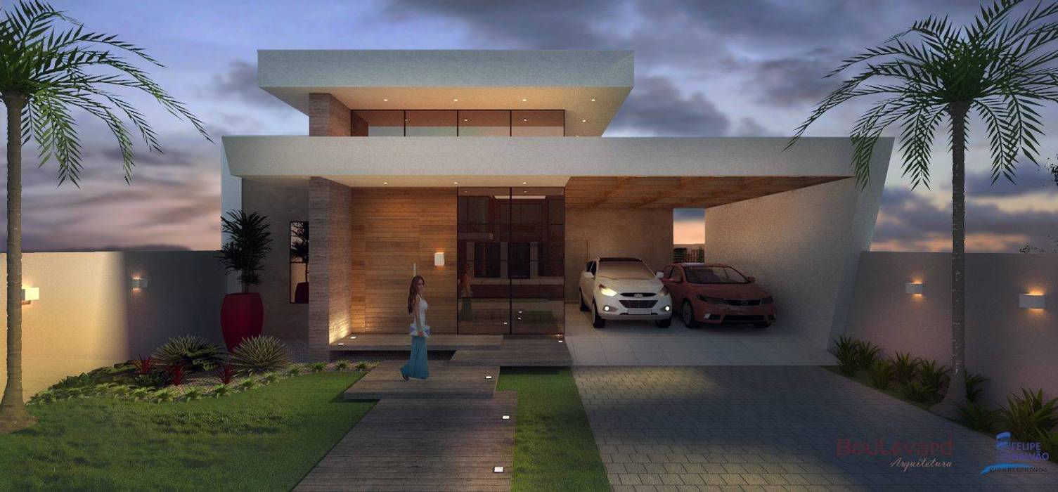 RESIDÊNCIA C.C BOULEVARD ARQUITETURA Casas ecléticas Madeira Efeito de madeira Plantar,Propriedade,Nuvem,Céu,Carro,Design de interiores,Arquitetura,Prédio,Exterior automotivo,Área residencial