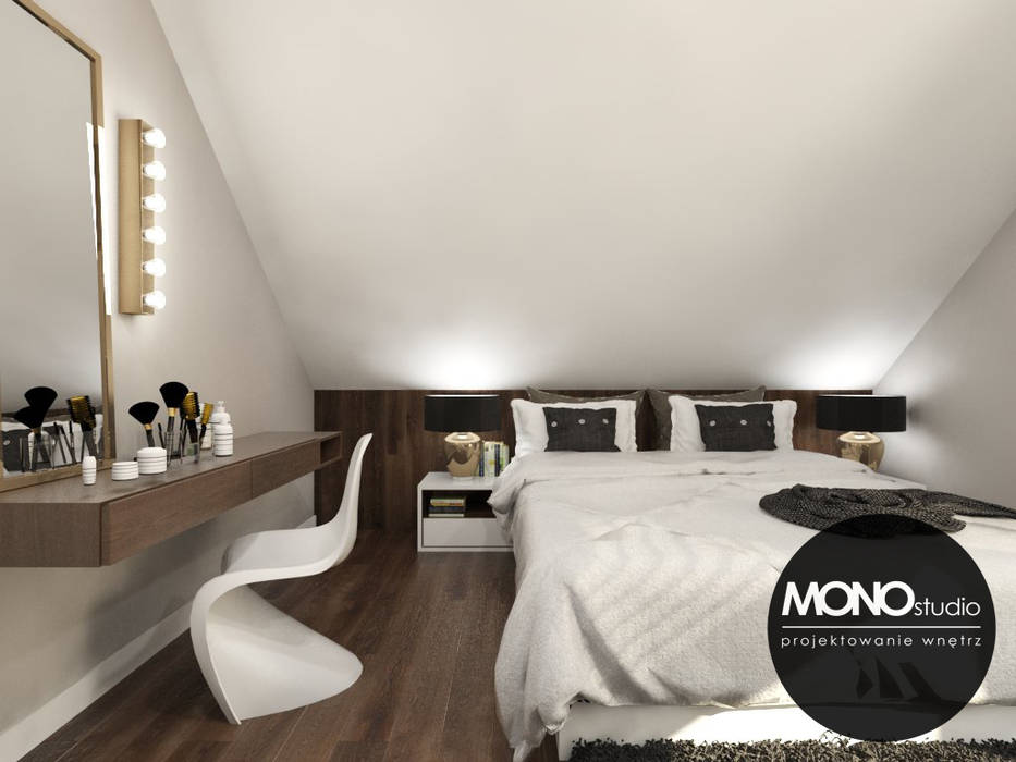 Elegancka, stylizowana sypialnia dla oryginalnego przedsiębiorcy., MONOstudio MONOstudio Modern Bedroom Wood-Plastic Composite