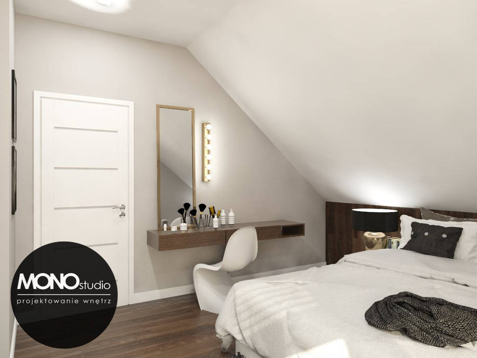 Elegancka, stylizowana sypialnia dla oryginalnego przedsiębiorcy., MONOstudio MONOstudio Modern style bedroom Wood-Plastic Composite
