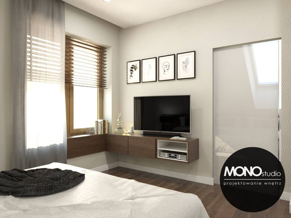 Elegancka, stylizowana sypialnia dla oryginalnego przedsiębiorcy., MONOstudio MONOstudio Camera da letto moderna PVC