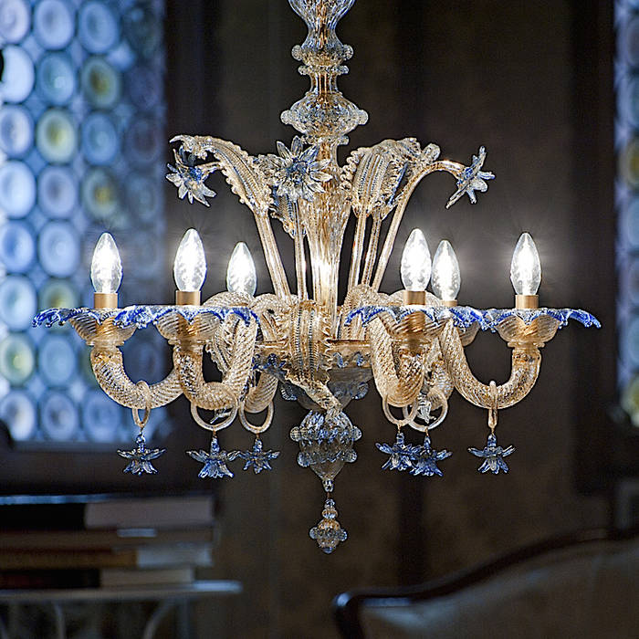 Lampadario classico blu e oro in vetro di Murano - DA PONTE YourMurano Lighting Sala da pranzo in stile classico Vetro lampadario vetro,glass chandelier,Illuminazione