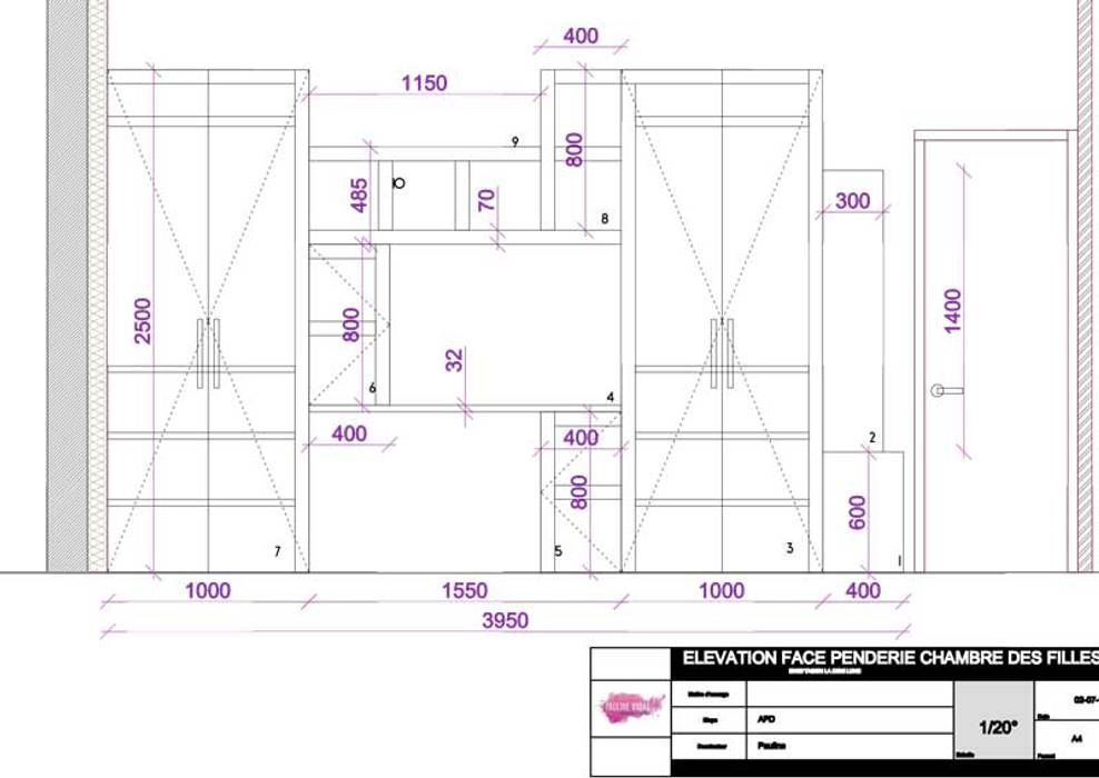 Elévation rangements des filles sur mesure Pauline VIDAL - Architecte d'Intérieur CFAI Chambre d'enfant coloniale