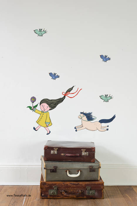 Set Wandaufkleber "Mädchen mit Pferd" Tessa Rath Illustration Ausgefallene Kinderzimmer Mehrfarbig Accessoires und Dekoration