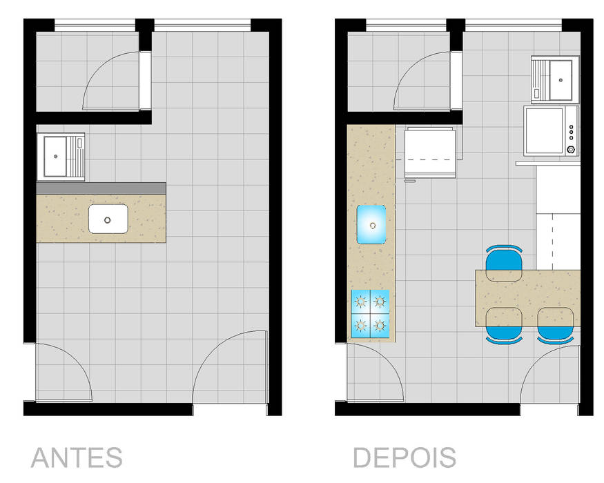 Planta Cozinha Antes e depois Arquiteta Elaine Silva