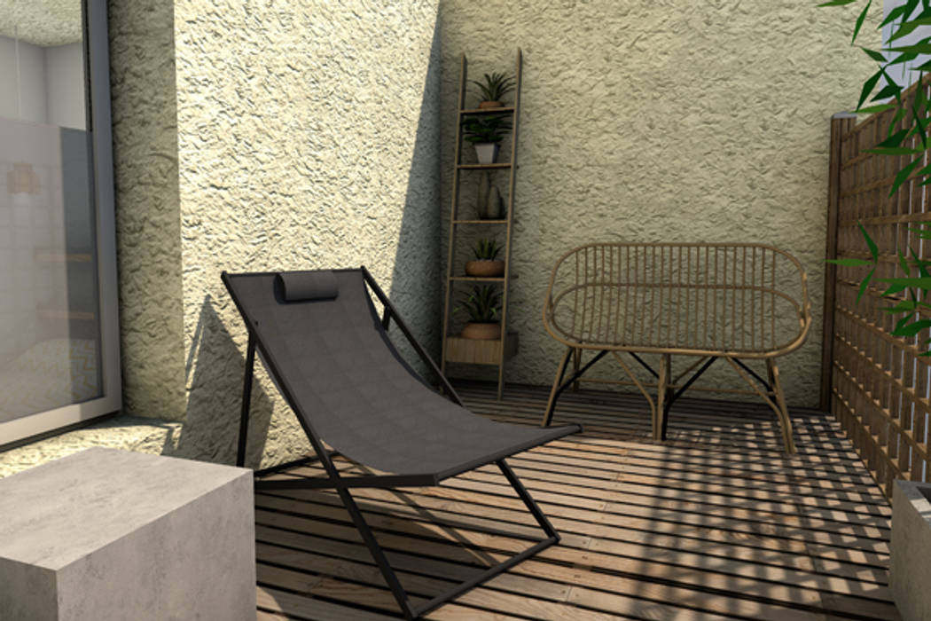 Une terrasse toute en longueur, Dem Design Dem Design Balkon, Beranda & Teras Modern Rotan/Anyaman Turquoise