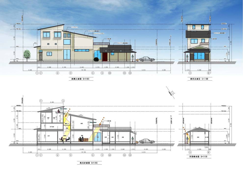 外観イメージ、断面計画 (有)岳建築設計 オリジナルな 家