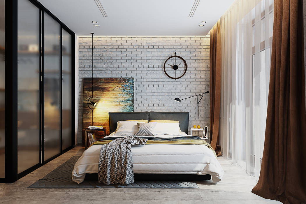 Спальня с элементами лофта и яркими акцентами, Solo Design Studio Solo Design Studio Industriale Schlafzimmer Ziegel