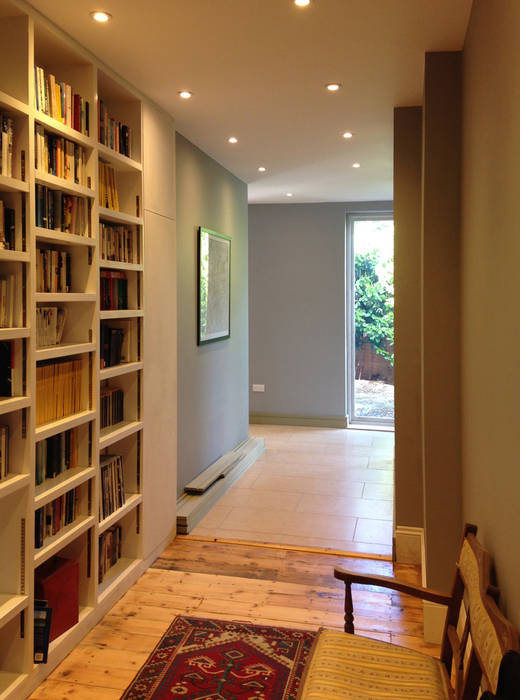 Old Marrying New in the Hallway ArchitectureLIVE Modern corridor, hallway & stairs bookcase,ceramic tiled floor,full height glazing,grey walls,hallway,floorboards