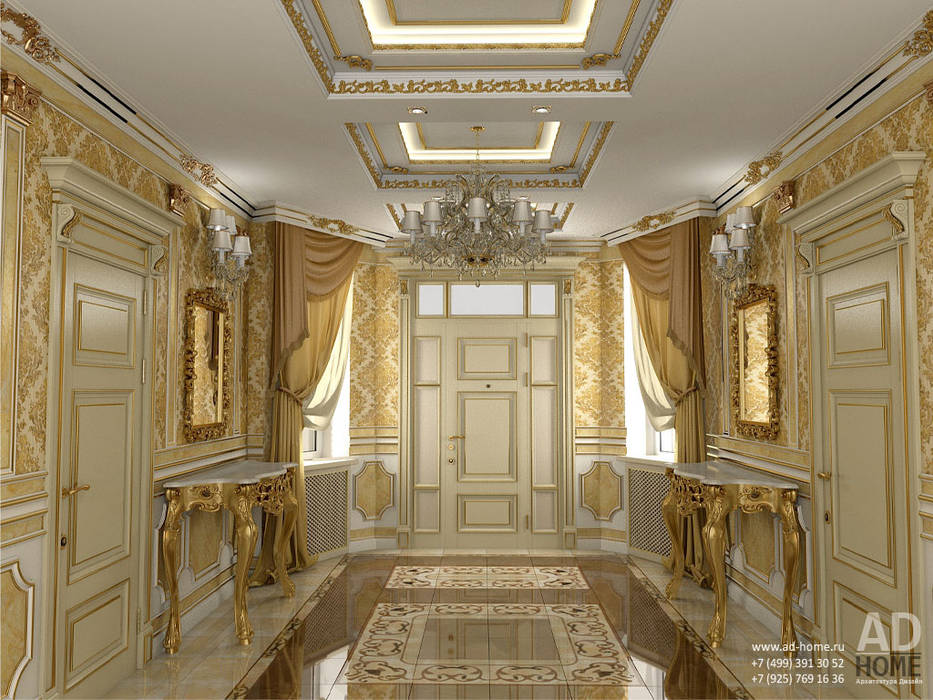 Дизайн интерьера дома в классическом стиле , 370 кв. м в, Москвовская область , Ad-home Ad-home 經典風格的走廊，走廊和樓梯