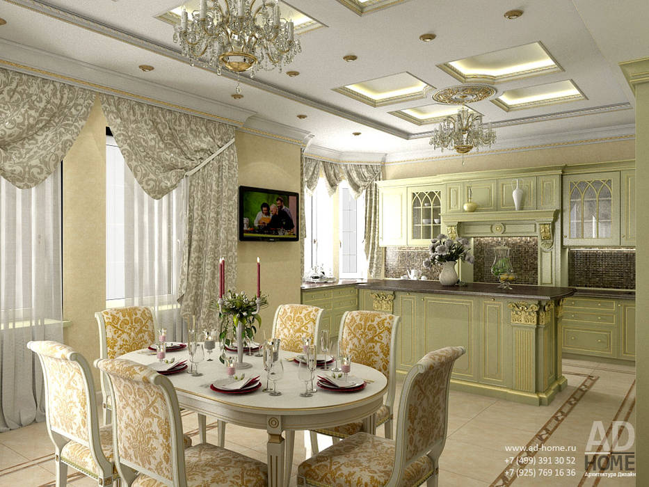 Дизайн интерьера столовой в доме в классическом стиле , 370 кв. м в, Московская область Ad-home Столовая комната в классическом стиле