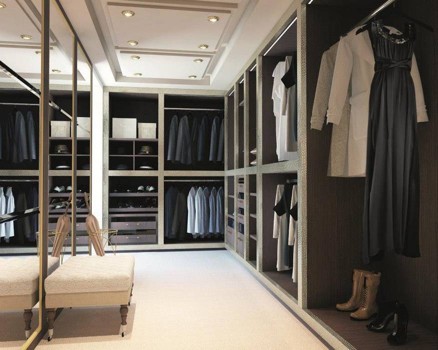 Designer Walk In Wardrobe Bravo London Ltd Cuartos de estilo moderno Piel sintética Metálico/Plateado Clósets y cómodas