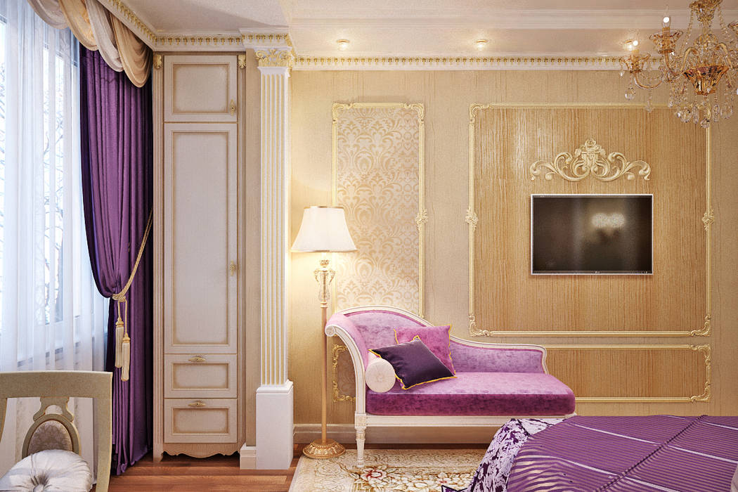 Фиолетовое настроение для спальни в классическом стиле, Студия дизайна ROMANIUK DESIGN Студия дизайна ROMANIUK DESIGN Спальня в классическом стиле