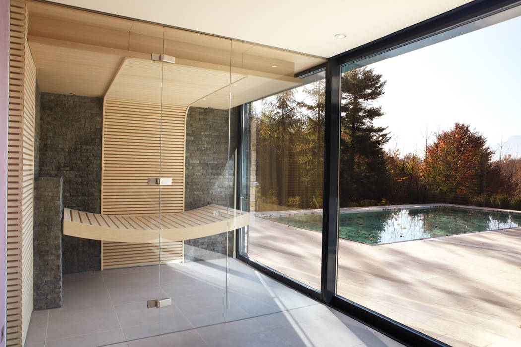 individuelle Designsauna mit viel Glas und Stein, Erdmann Exklusive Saunen Erdmann Exklusive Saunen Modern Spa