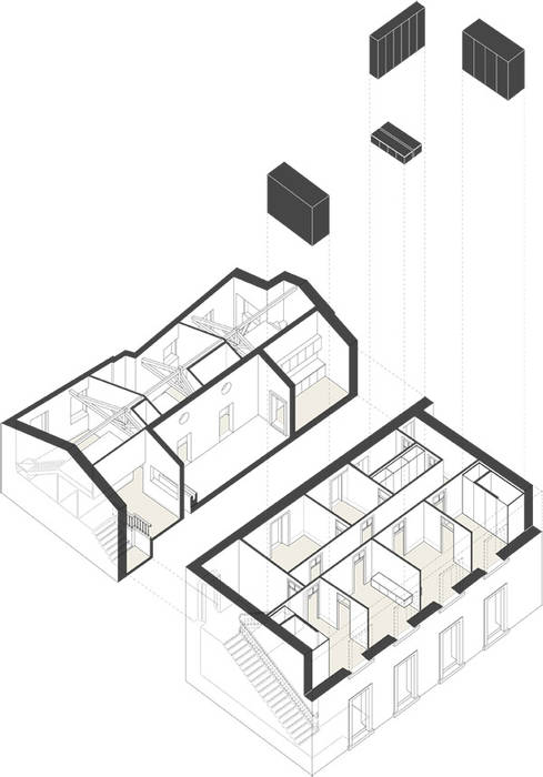 AXONOMETRIA EXPLODIDA COLECTIVO arquitectos Espaços comerciais Hotéis