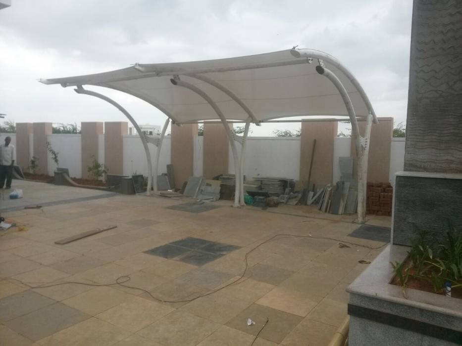 Car Parking Canopy, Fabritech India Fabritech India Modern garage/shed Textile Amber/Gold Sky,Property,Plant,Cloud,Shade,Road surface,Composite material,Building,Flooring,Facade