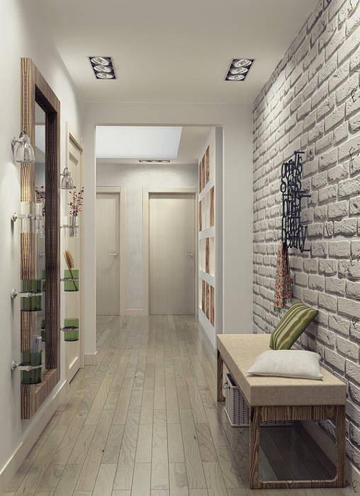 Eco loft in а 3-rooms flat, Alena Gorskaya Design Studio Alena Gorskaya Design Studio Modern corridor, hallway & stairs Bricks