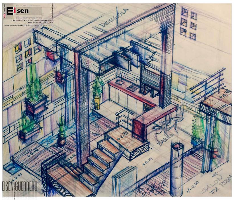 Perspectiva Isometria Boceto inicial a mano alzada del proyecto remodelación patio, 2014 . Vivienda Nº11. Mañongo 2014 - 2015. EISEN Arquitectura + Construccion Balcones y terrazas minimalistas