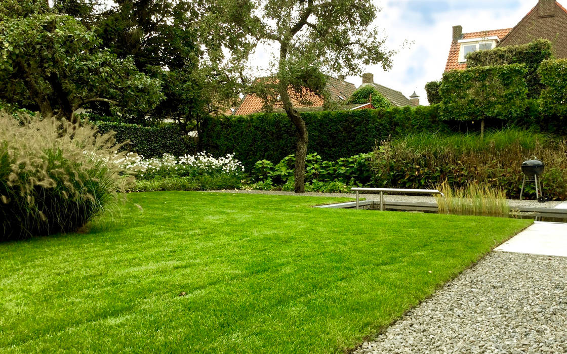 Moderne tuin met vijver en leibomen Sparq Tuinen Moderne tuinen Plant,Lucht,Natuurlijk landschap,Boom,land veel,Gras,Gebouw,Wolk,Houtachtige plant,Landschap