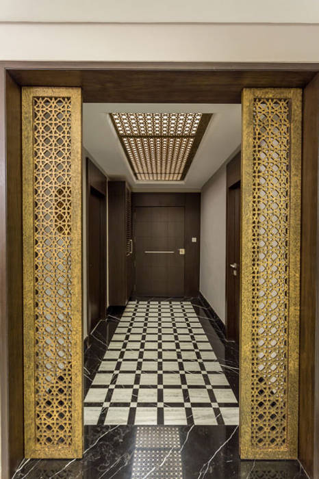 Kumar Residence, Spaces and Design Spaces and Design Modern corridor, hallway & stairs Door,Fixture,Flooring,Floor,Tile flooring,Building,Wood,Rectangle,Ceiling,Symmetry