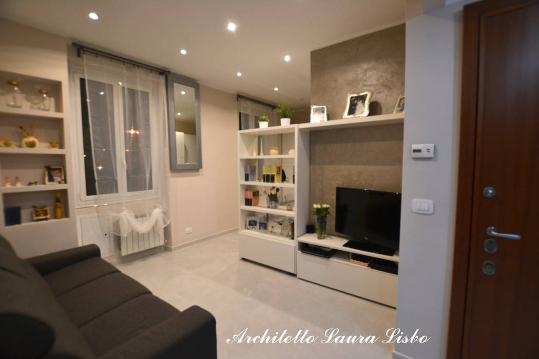 75 mq per 4!, ARCHITETTO LAURA LISBO ARCHITETTO LAURA LISBO モダンデザインの リビング