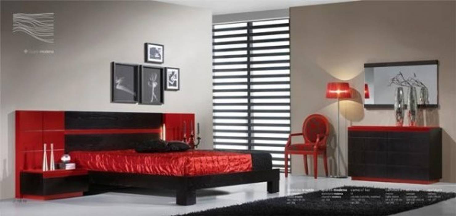 Quarto de casal em tons preto e vermelho relax mobiliário e decoração Quartos modernos Derivados de madeira Transparente Camas e cabeceiras