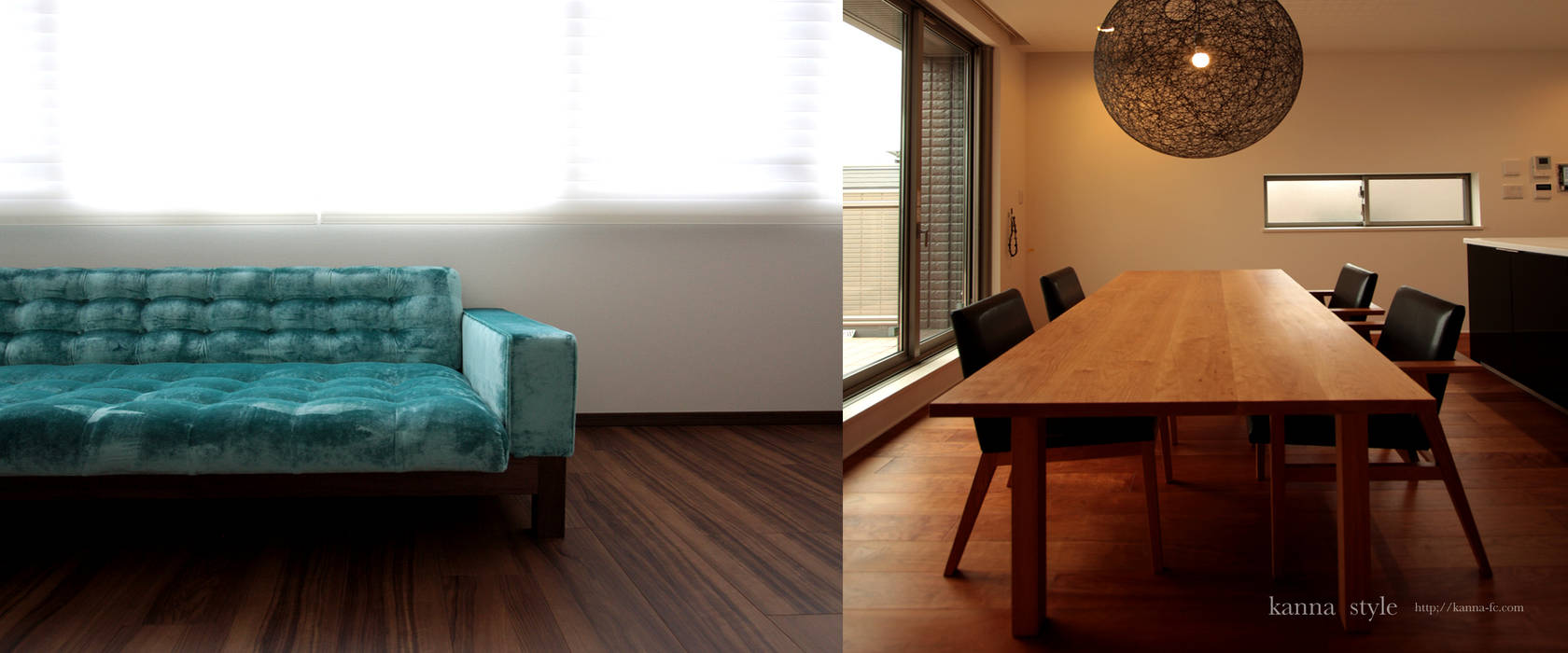 鮮やかなブルーのソファーとブラックチェリーのテーブル, 株式会社 kanna 株式会社 kanna モダンデザインの リビング ソファー＆アームチェア