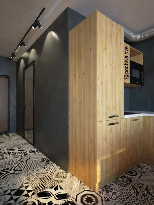 Квартира 43 кв.м, Pochivalova design Pochivalova design Коридор, прихожая и лестница в стиле лофт Дерево Эффект древесины