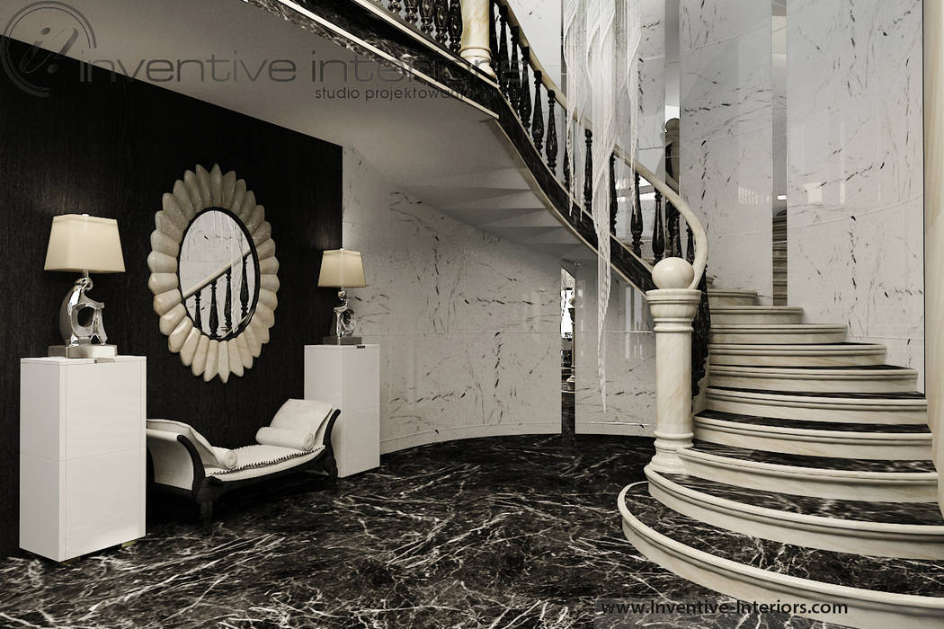 INVENTIVE INTERIORS – Czerń i beż w luksusowym domu, Inventive Interiors Inventive Interiors Couloir, entrée, escaliers classiques Marbre