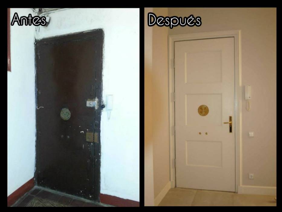 Antes y después de restauración de puerta de entrada FUSTERS CÓRDOBA Puertas y ventanas clásicas Madera maciza Multicolor