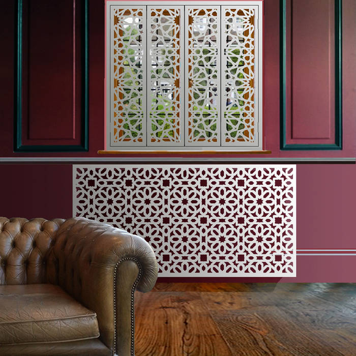 Marrakesh radiator covers in satin white Laser cut Furniture & Screens