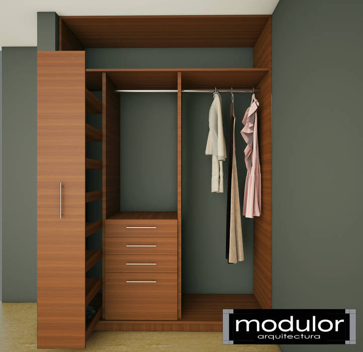 Closets Carrillo, Modulor Arquitectura Modulor Arquitectura Closets Madeira Efeito de madeira Arrumação