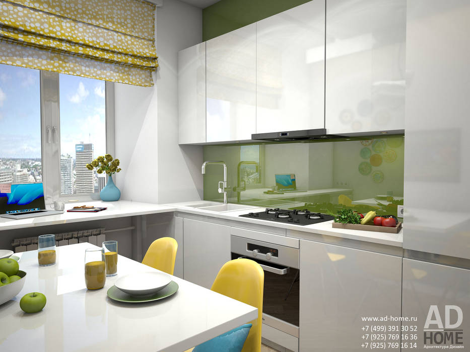 Дизайн интерьера квартиры с перепланировкой из 2-комнатной в 4-ехкомнатную, 68 кв. м, г. Москва Ad-home Кухня в стиле модерн