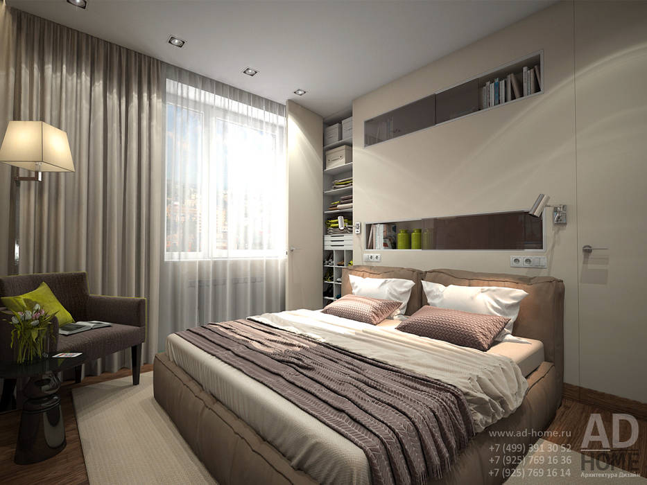 Дизайн интерьера двухкомнатной квартиры, 53 кв. м Ad-home Спальня в стиле модерн